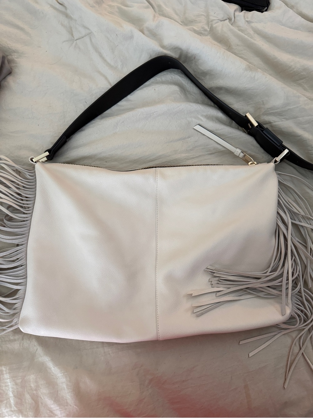 All Saints Edbury White Fringe Leather Shoulder Bag with Black Strap - Picture 2 of 6